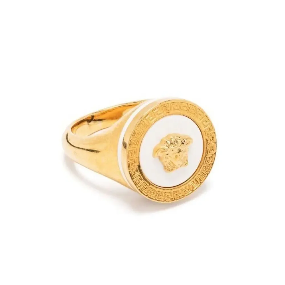 NIB Versace Ring IT 15 US 7 Enamel Icon Medusa Engraved Gold Tone $450